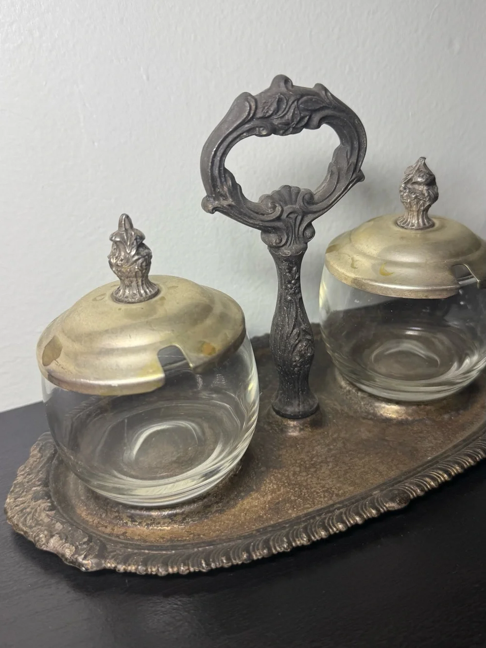 Vintage 1980s Silver Plated Glass Candy Jars & Handle